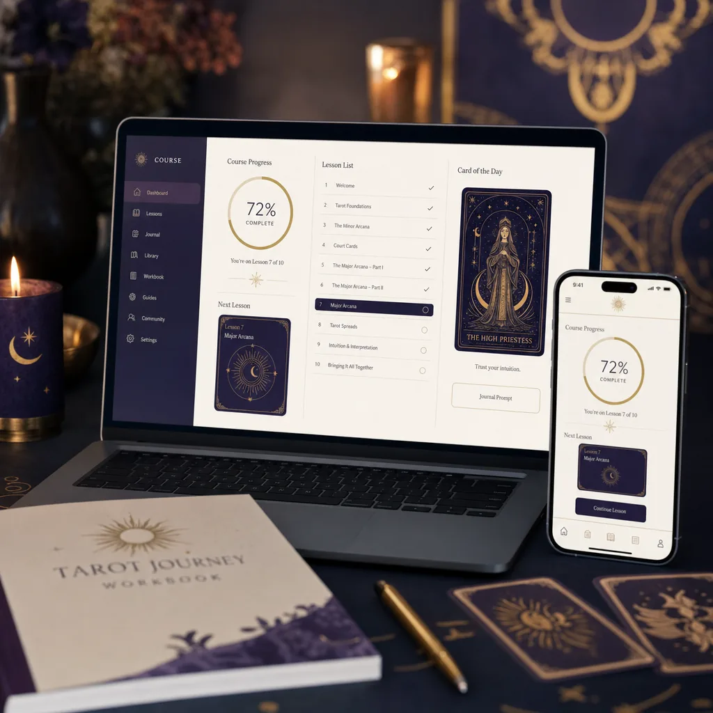 Inside the program: course dashboard with modules, lessons and card guides